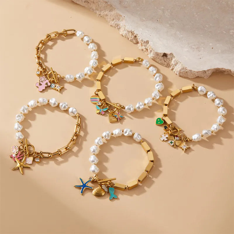 Classic Style Cross Starfish Heart Shape 316 Stainless Steel 18K Gold Plated Zircon Bracelets In Bulk