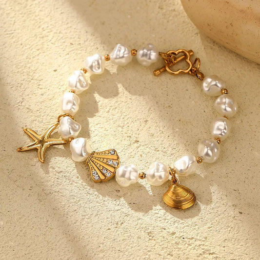 Classic Style Scallop Starfish 18K Gold Plated Zircon 316 Stainless Steel Artificial Pearl Wholesale Bracelets