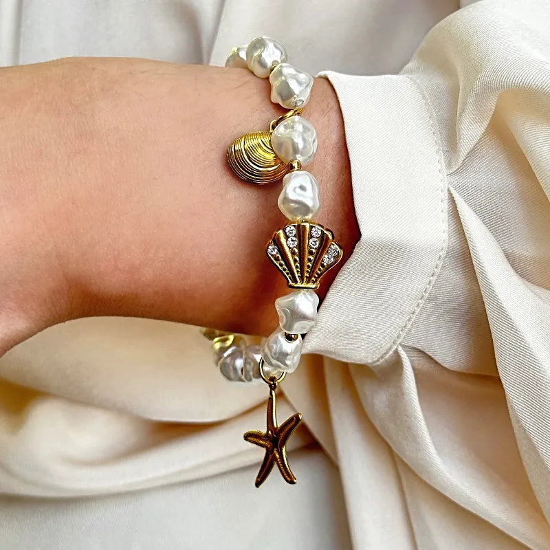 Classic Style Scallop Starfish 18K Gold Plated Zircon 316 Stainless Steel Artificial Pearl Wholesale Bracelets