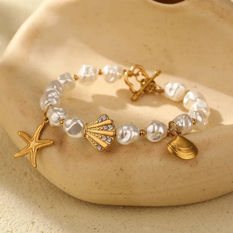 Classic Style Scallop Starfish 18K Gold Plated Zircon 316 Stainless Steel Artificial Pearl Wholesale Bracelets