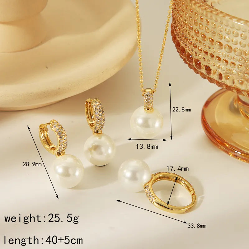 Copper 14K Gold Plated Casual Classic Style Inlay Round Artificial Pearls Zircon Jewelry Set