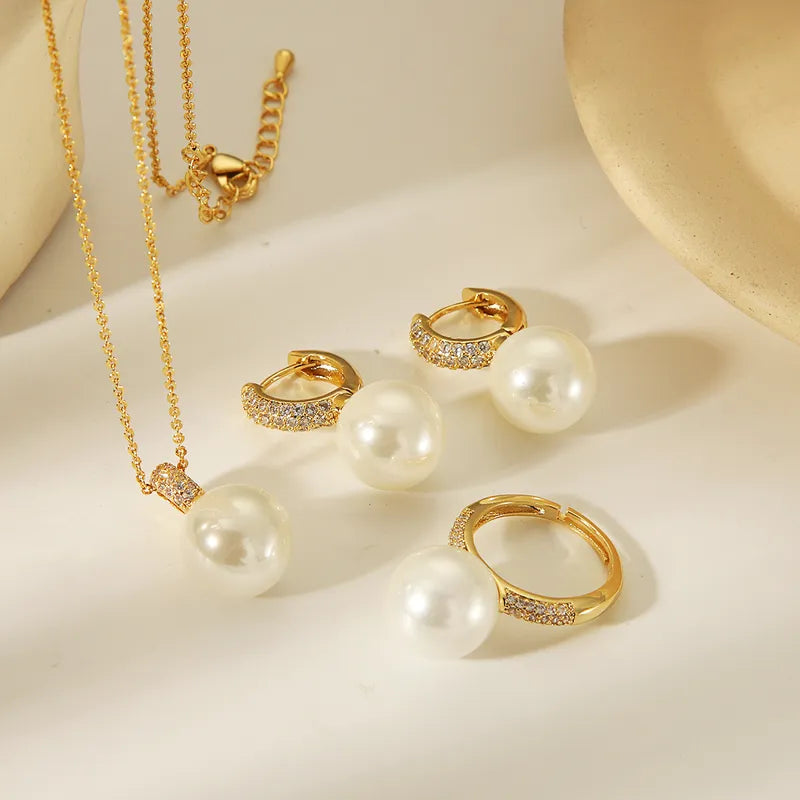 Copper 14K Gold Plated Casual Classic Style Inlay Round Artificial Pearls Zircon Jewelry Set