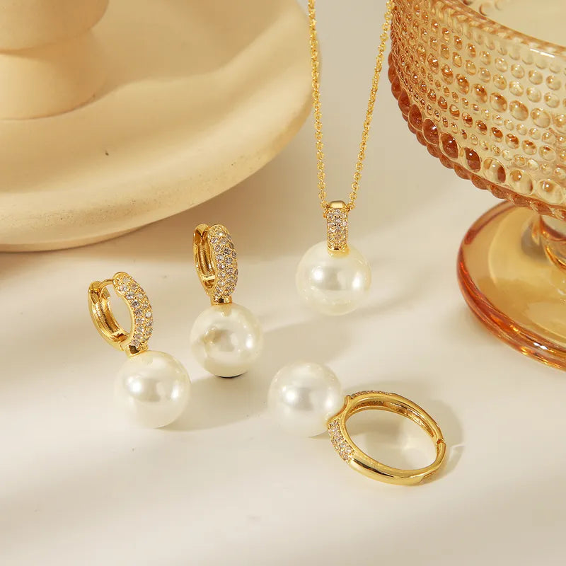 Copper 14K Gold Plated Casual Classic Style Inlay Round Artificial Pearls Zircon Jewelry Set