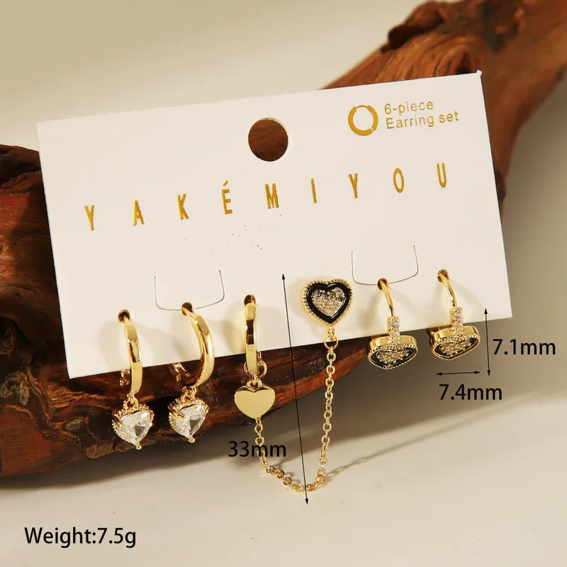 Copper 14K Gold Plated Casual Enamel Inlay Heart Shape Artificial Pearls Zircon Ear Studs