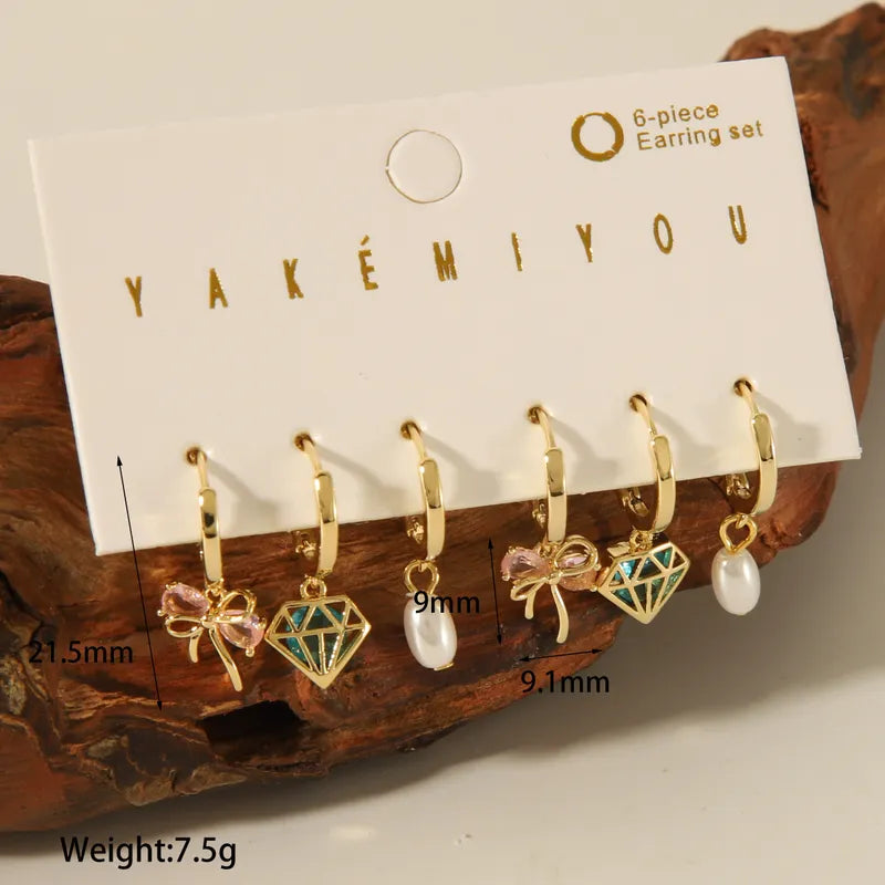 Copper 14K Gold Plated Casual Inlay Heart Shape Butterfly Bow Knot Artificial Pearls Zircon Ear Studs