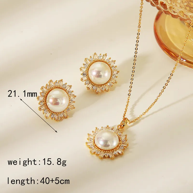 Copper 14K Gold Plated Casual Simple Style Inlay Round Artificial Pearls Zircon Jewelry Set