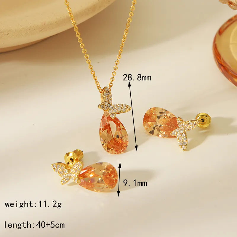 Copper 14K Gold Plated Casual Sweet Simple Style Inlay Water Droplets Butterfly Zircon Jewelry Set