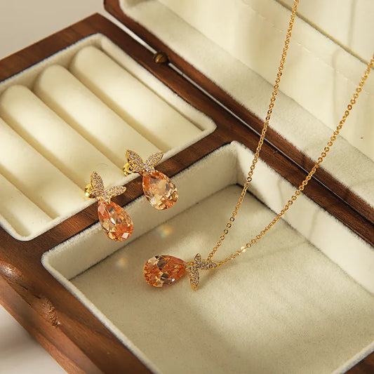 Copper 14K Gold Plated Casual Sweet Simple Style Inlay Water Droplets Butterfly Zircon Jewelry Set