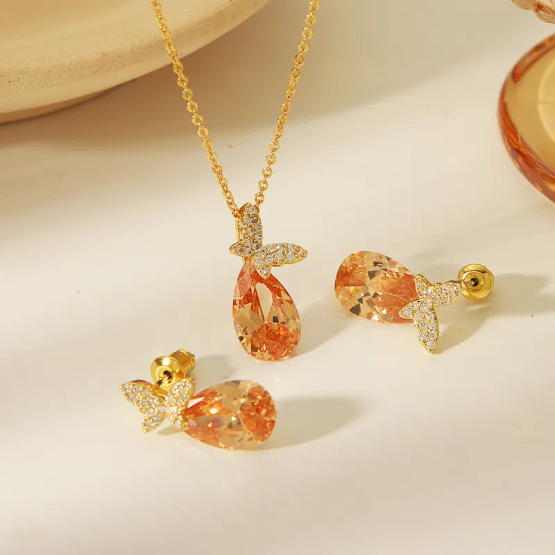 Copper 14K Gold Plated Casual Sweet Simple Style Inlay Water Droplets Butterfly Zircon Jewelry Set