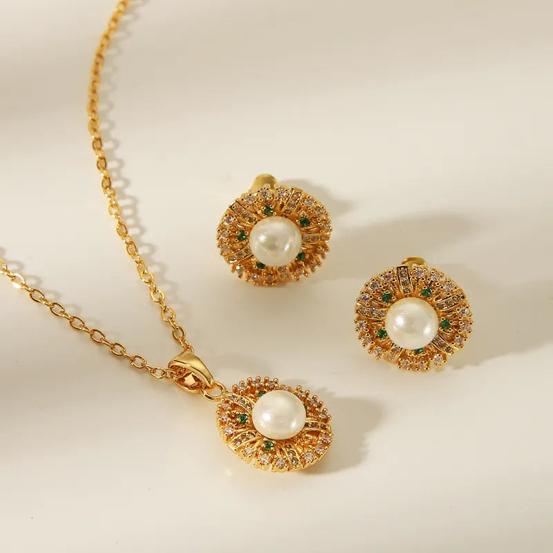 Copper 14K Gold Plated Casual Vintage Style Classic Style Inlay Round Artificial Pearls Zircon Jewelry Set