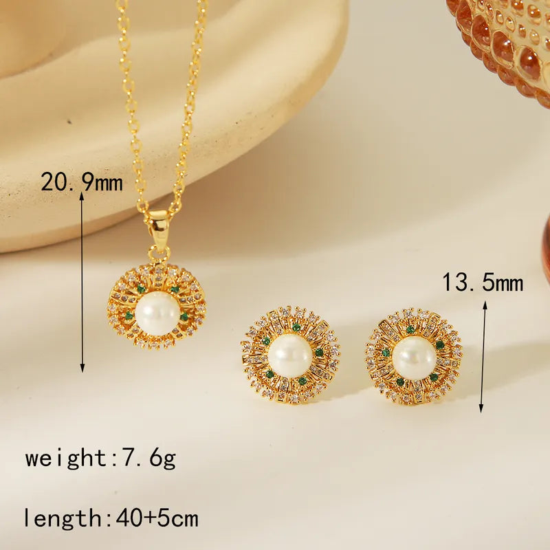 Copper 14K Gold Plated Casual Vintage Style Classic Style Inlay Round Artificial Pearls Zircon Jewelry Set