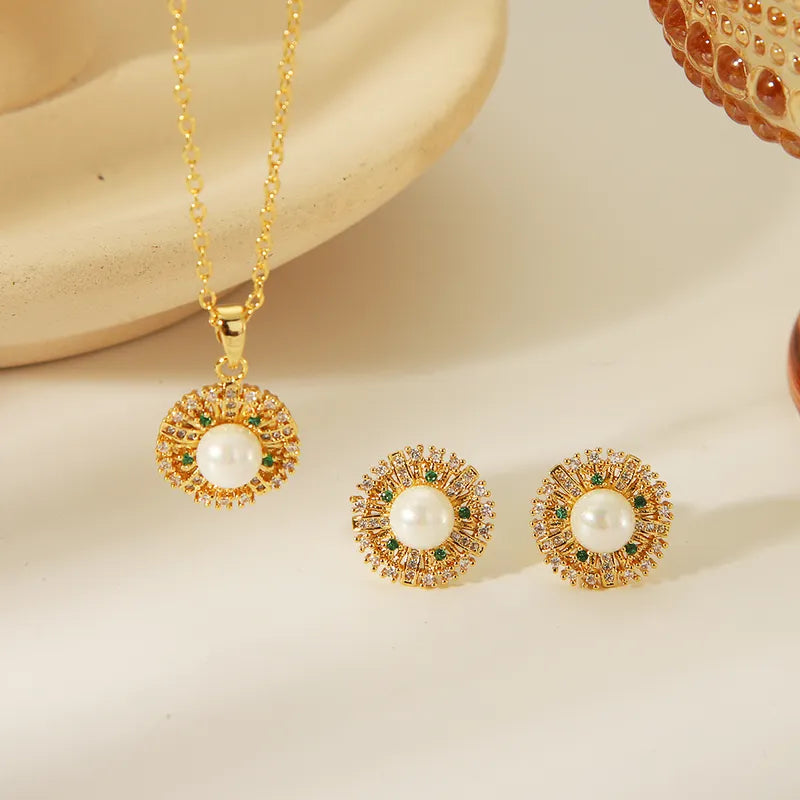 Copper 14K Gold Plated Casual Vintage Style Classic Style Inlay Round Artificial Pearls Zircon Jewelry Set