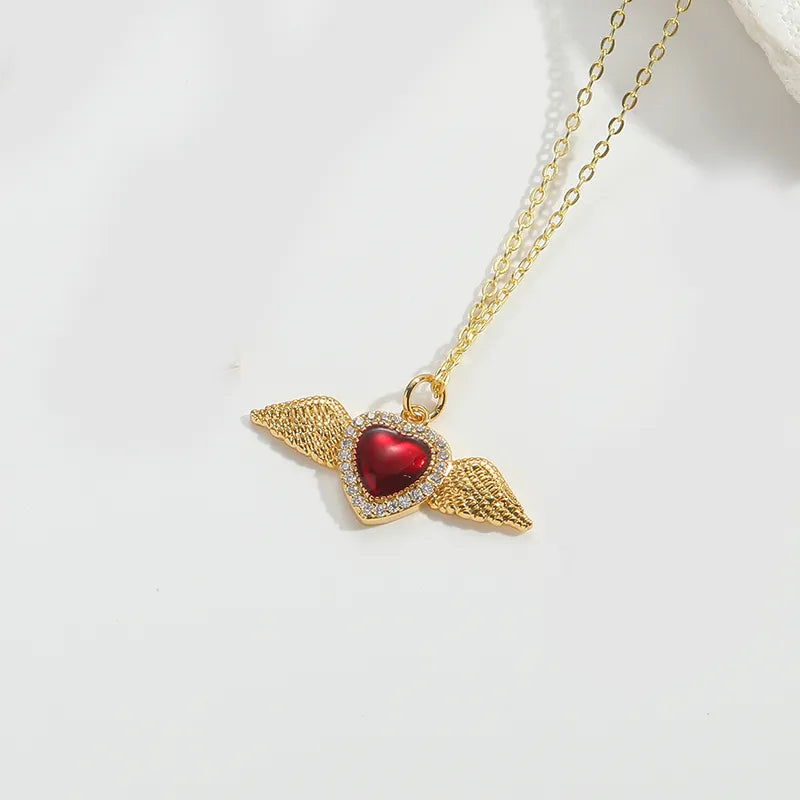 Copper 14K Gold Plated Enamel Inlay Heart Shape Wings Zircon Pendant Necklace