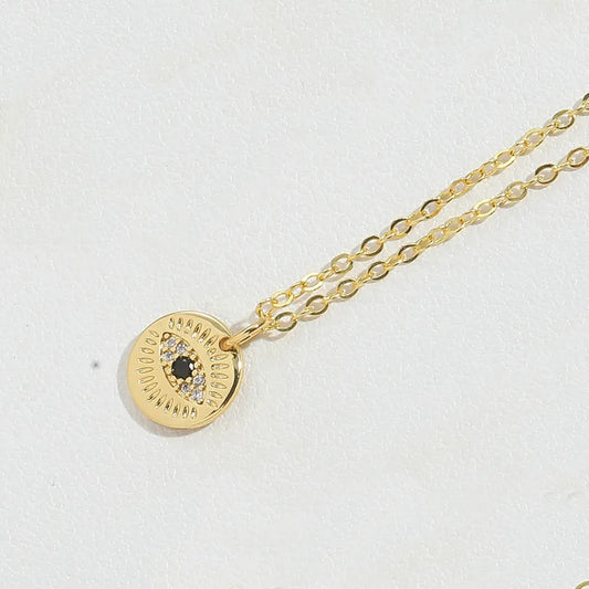 Copper 14K Gold Plated Enamel Inlay Letter Heart Shape Eye Zircon Pendant Necklace