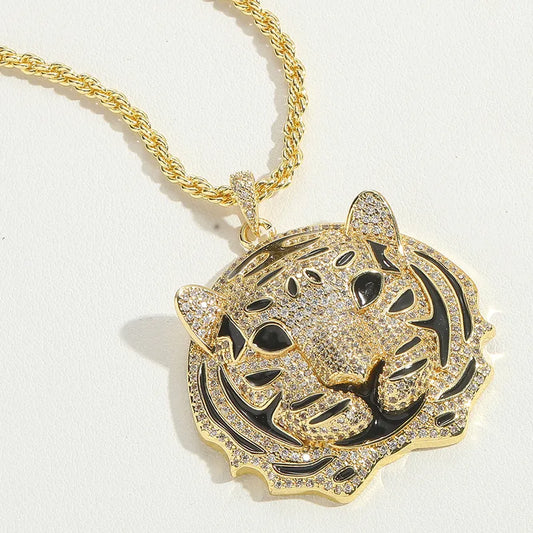 Copper 14K Gold Plated Enamel Inlay Lion Jaguar Tiger Zircon Pendant Necklace