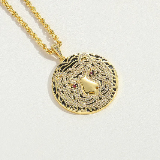 Copper 14K Gold Plated Enamel Inlay Lion Jaguar Tiger Zircon Pendant Necklace