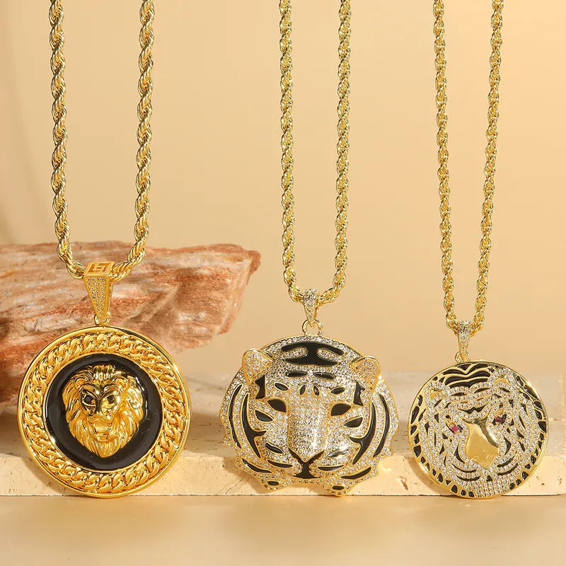 Copper 14K Gold Plated Enamel Inlay Lion Jaguar Tiger Zircon Pendant Necklace