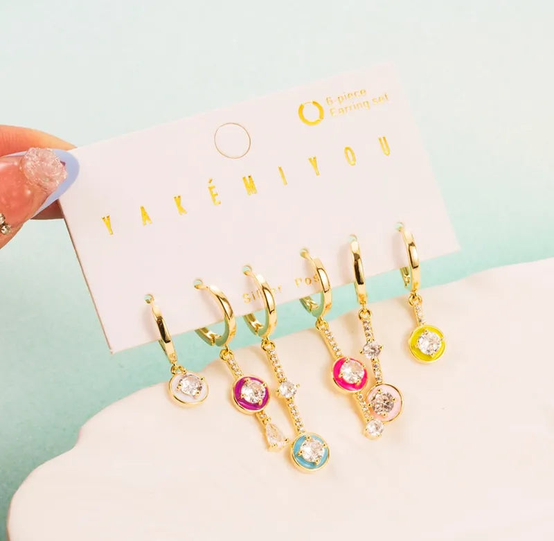 Copper 14K Gold Plated IG Style Cute Enamel Inlay Round Water Droplets Zircon Drop Earrings