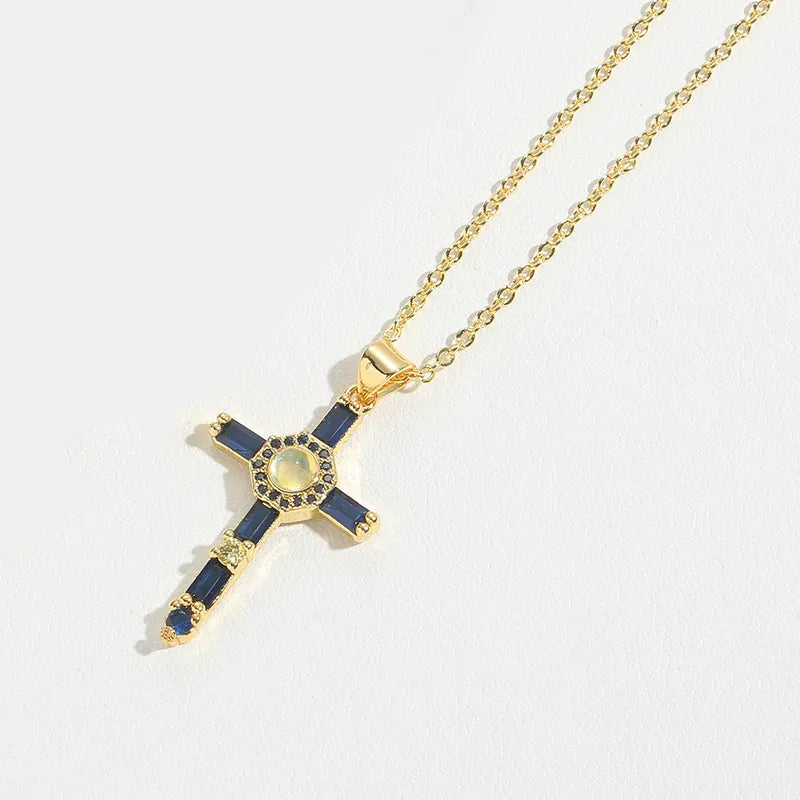 Copper 14K Gold Plated Inlay Cross Resin Zircon Pendant Necklace