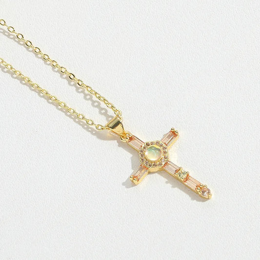 Copper 14K Gold Plated Inlay Cross Resin Zircon Pendant Necklace