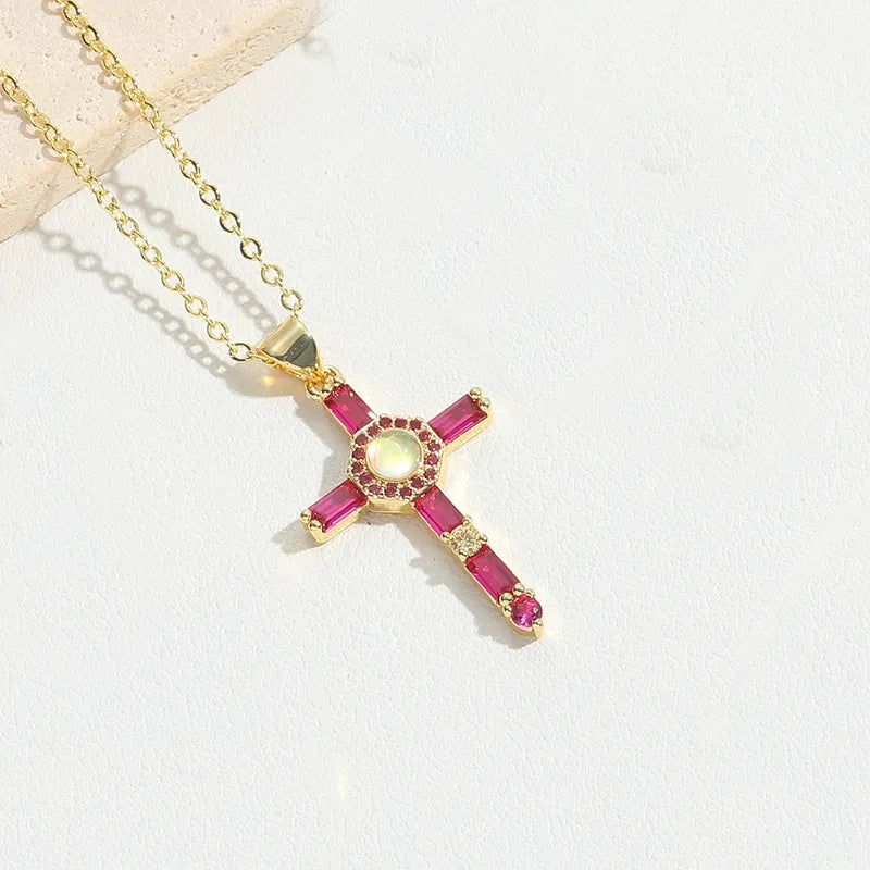 Copper 14K Gold Plated Inlay Cross Resin Zircon Pendant Necklace