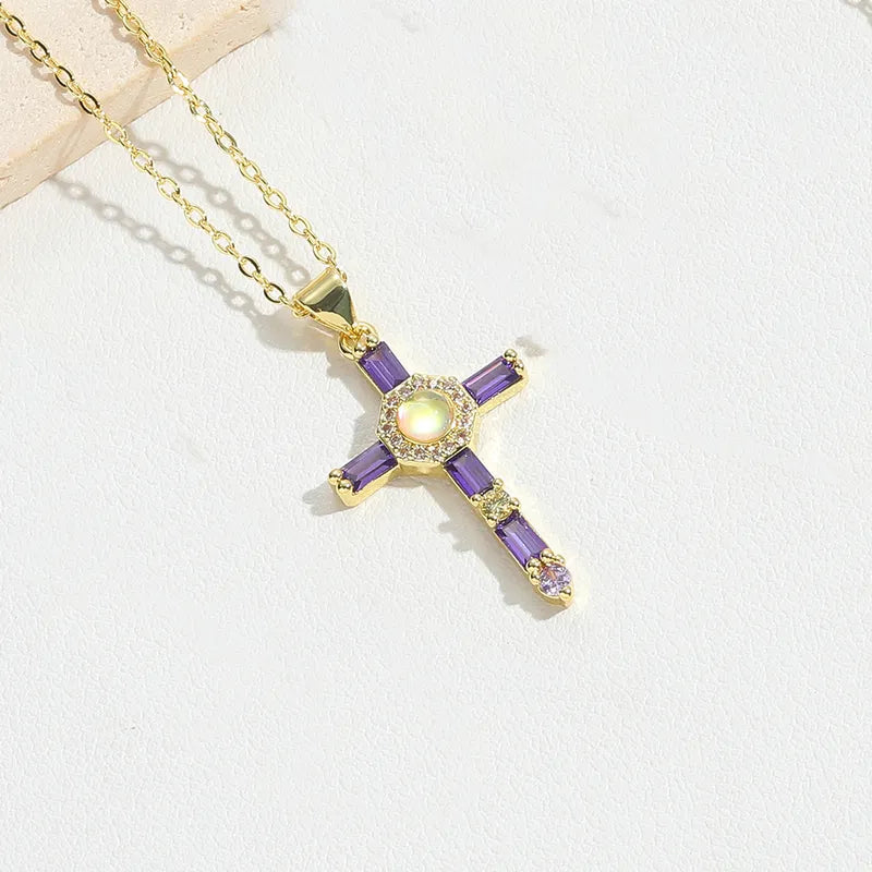 Copper 14K Gold Plated Inlay Cross Resin Zircon Pendant Necklace