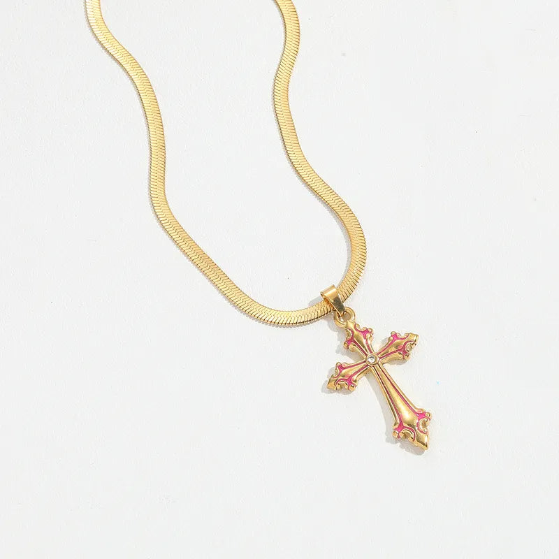 Copper 14K Gold Plated Inlay Cross Zircon Pendant Necklace