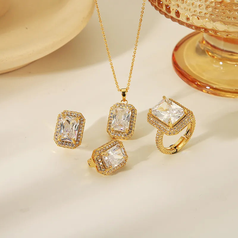 Copper 14K Gold Plated Vintage Style Simple Style Inlay Rectangle Zircon Jewelry Set