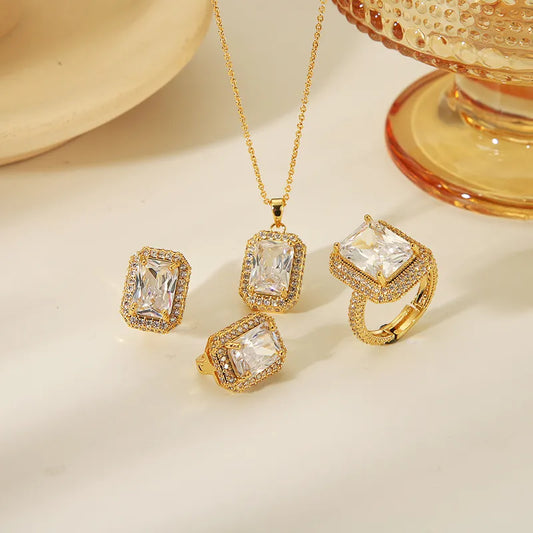 Copper 14K Gold Plated Vintage Style Simple Style Inlay Rectangle Zircon Jewelry Set