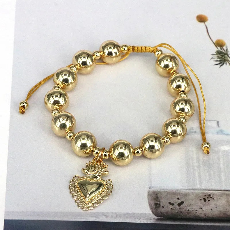 Copper 18K Gold Plated Beaded Round Heart Shape Bracelets