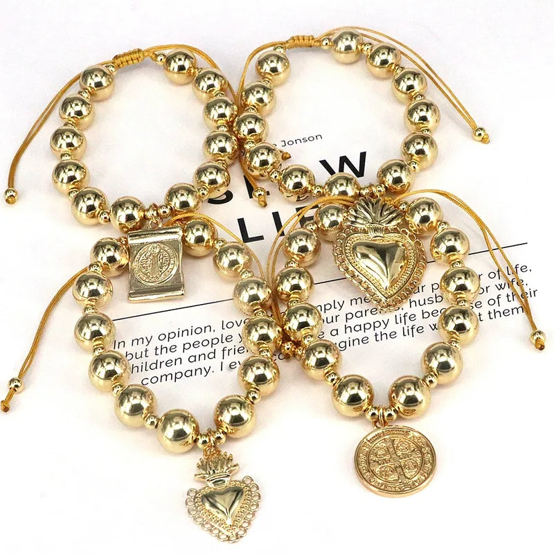 Copper 18K Gold Plated Beaded Round Heart Shape Bracelets