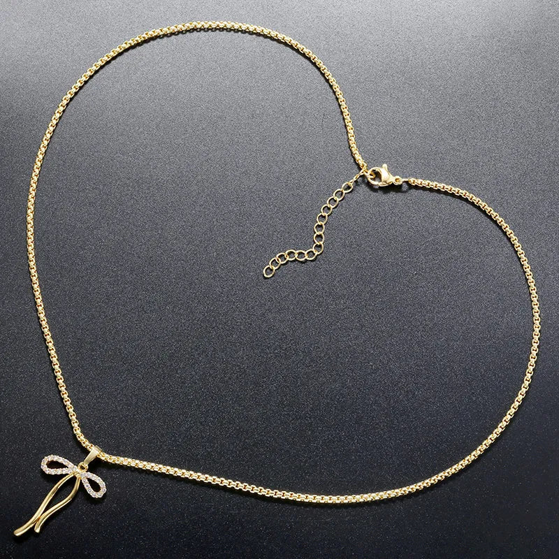 Copper 18K Gold Plated Casual Elegant Luxurious Inlay Bow Knot Zircon Pendant Necklace