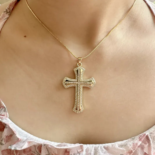 Copper 18K Gold Plated Cross Zircon Pendant Necklace