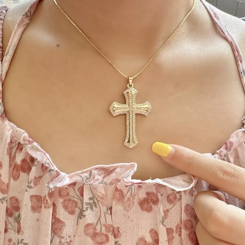 Copper 18K Gold Plated Cross Zircon Pendant Necklace