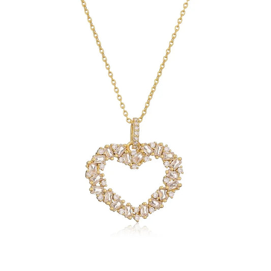 Copper 18K Gold Plated Elegant Heart Shape Inlay Zircon Pendant Necklace