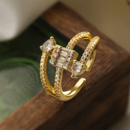 Copper 18K Gold Plated IG Style Retro Exaggerated Plating Inlay Geometric Star Zircon Open Rings