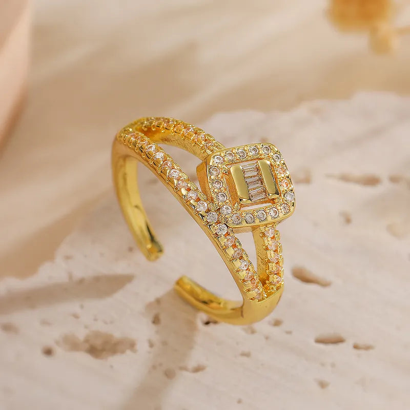 Copper 18K Gold Plated IG Style Retro Exaggerated Plating Inlay Geometric Star Zircon Open Rings