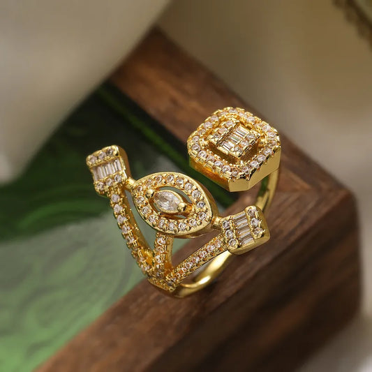 Copper 18K Gold Plated IG Style Retro Exaggerated Plating Inlay Geometric Zircon Open Rings