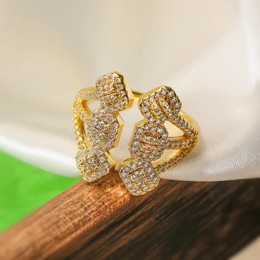 Copper 18K Gold Plated IG Style Retro Exaggerated Plating Inlay Geometric Zircon Open Rings