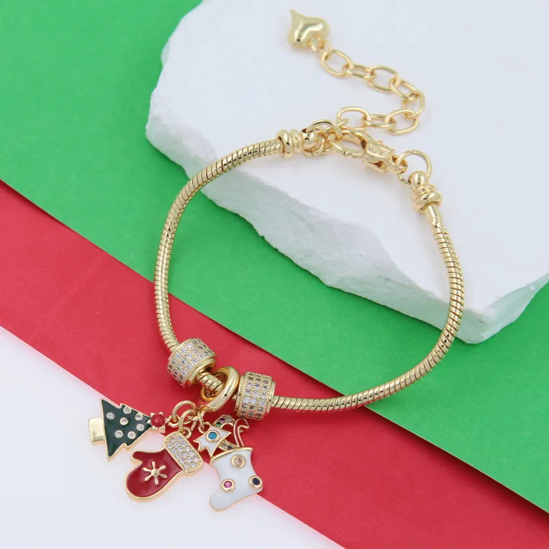 Copper 18K Gold Plated Inlay Christmas Tree Santa Claus Star Zircon Bracelets