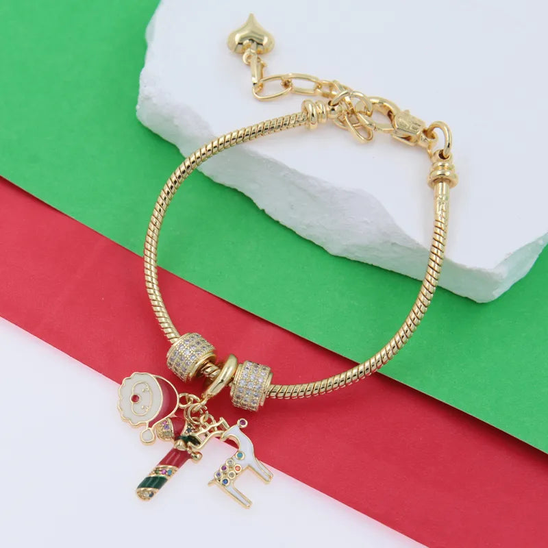 Copper 18K Gold Plated Inlay Christmas Tree Santa Claus Star Zircon Bracelets