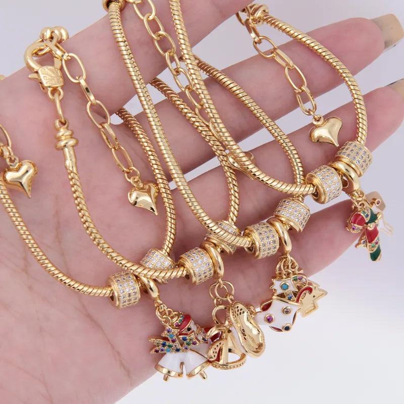 Copper 18K Gold Plated Inlay Christmas Tree Santa Claus Star Zircon Bracelets