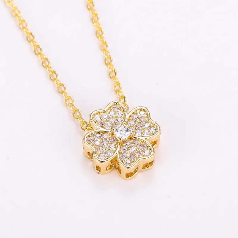 Copper 18K Gold Plated Inlay Four Leaf Clover Zircon Pendant Necklace