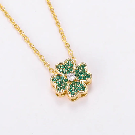 Copper 18K Gold Plated Inlay Four Leaf Clover Zircon Pendant Necklace