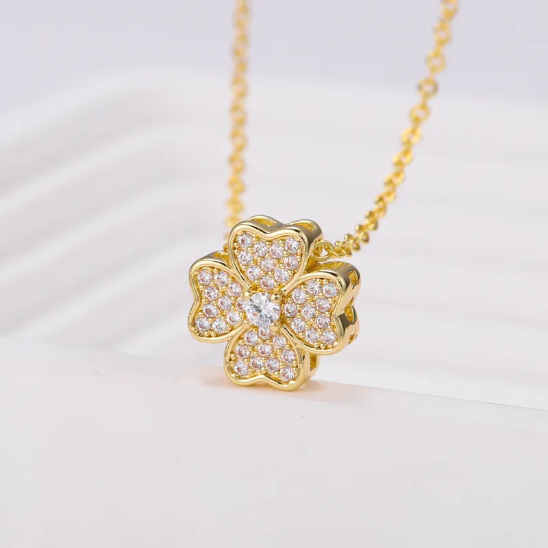 Copper 18K Gold Plated Inlay Four Leaf Clover Zircon Pendant Necklace