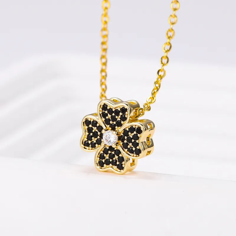 Copper 18K Gold Plated Inlay Four Leaf Clover Zircon Pendant Necklace