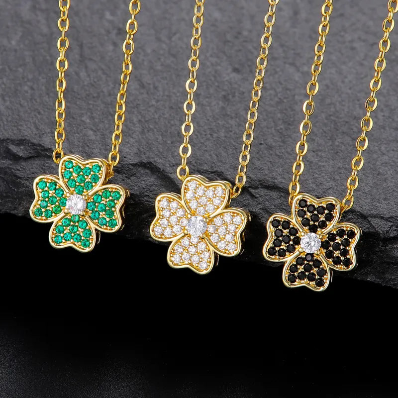 Copper 18K Gold Plated Inlay Four Leaf Clover Zircon Pendant Necklace