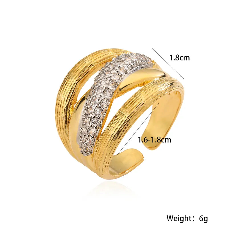 Copper 18K Gold Plated Hollow Out Inlay Geometric Zircon Open Rings