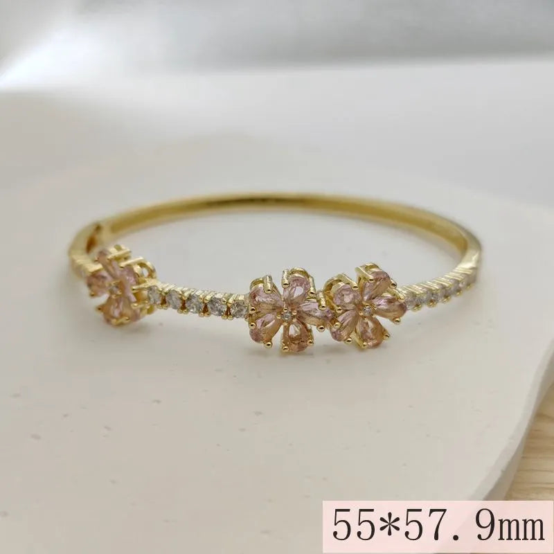 Copper 18K Gold Plated Inlay Parthenocissus Grass Flower Zircon Bangle