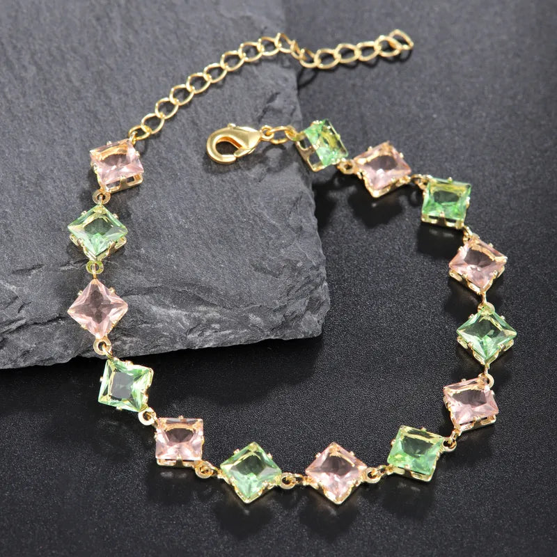 Copper 18K Gold Plated Inlay Square Artificial Gemstones Bracelets